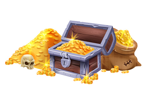 Secret corsair ancient game UI win object, iron lock, antique crate isolated on white. Gold chest