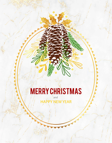 Gold Christmas card design template with pinecones, winter plants, fir, spruce, pine branches and berries.