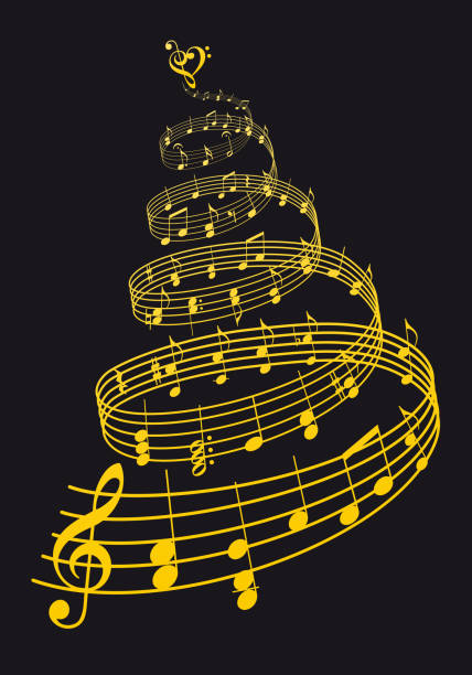 Gold Christmas card with music tree, vector Gold Christmas tree with music notes over black background, vector illustration christmas music background stock illustrations