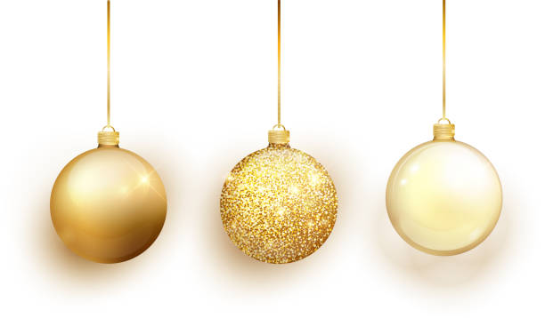 Gold Christmas tree toy set isolated on white background. Stocking Christmas decorations. Vector object for christmas design, mockup. Vector realistic object Illustration 10 EPS. Gold Christmas tree toy set isolated on a transparent background. Stocking Christmas decorations. Vector object for Christmas design, mockup. Vector realistic object Illustration 10 EPS gold ornaments stock illustrations