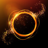 Gold circle light tracing. Energy brilliant round frame. Magic lights and flashes, fire ring trace. Sparkle swirl trail effect on black background. Bokeh glitter round ellipse line with flying sparkling flash lights. Vector.