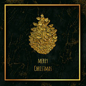 Gold Colored Christmas Greeting Card. Hand Drawn Pinecone wtih Green Marble Texture with Gold Veins. Christmas and New Year Greeting Card Background Template, Christmas Present Wrapping Paper.