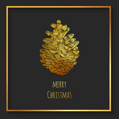 Gold Colored Christmas Greeting Card with Hand Drawn Pinecone. Christmas and New Year Greeting Card Background Template, Christmas Present Wrapping Paper.