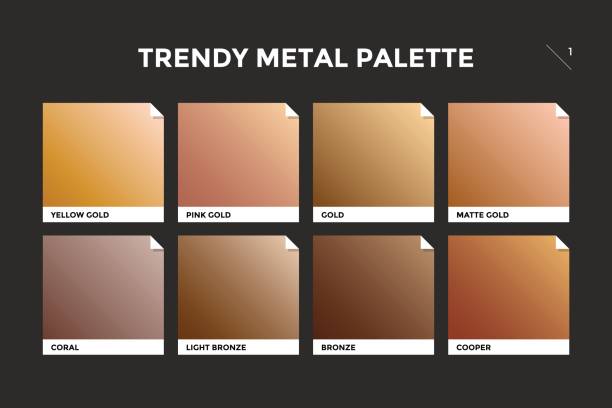 Gold, copper and bronze gradient template Gold, copper and bronze gradient template. Collection palette of colorful metallic gradient illustrations for backgrounds and textures. Realistic metallic squares palettes. Vector Illustration copper texture stock illustrations