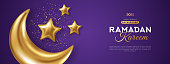 3d gold crescent moon with stars and confetti on dark sky violet background. Vector illustration. Ramadan Kareem concept banner and good night wallpaper. Place for text