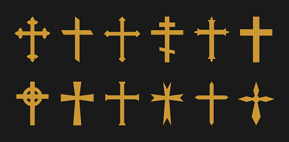 ✓ Imagen de Cruz de oro. Cruces cristianas, católicas, griegas. Iconos de  crucifijo en estilo gótico. Símbolo de la iglesia, Jesús y santa fe.  Silueta de oro religioso sobre fondo negro. Conjunto