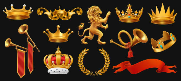 Gold crown of the king. Laurel wreath, trumpet, lion, ribbon. 3d vector icon set on black Gold crown of the king. Laurel wreath, trumpet, lion, ribbon. 3d vector icon set on black wind instrument stock illustrations