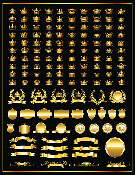 Gold crown set. Heraldry elements design Gold crown set. Heraldry elements design metal clipart stock illustrations
