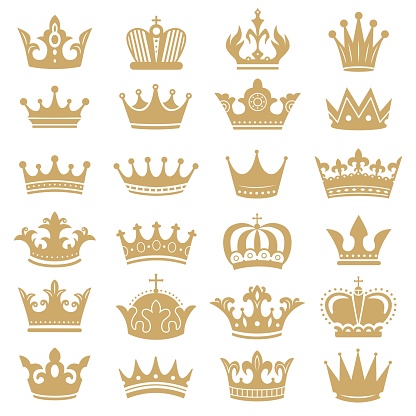 Gold crown silhouette. Royal crowns, coronation king and luxury queen tiara silhouettes. Golden monarch hat, aristocracy crown or royal medieval leadership signs. Isolated icons vector set
