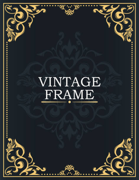 Gold decorative frame. Interwoven vintage ornament. Flowers and leaves. Greeting card in grunge or retro style. Design of books, invitations, postcards, booklets. Gold decorative frame. Interwoven vintage ornament. Flowers and leaves. Greeting card in grunge or retro style. Luxurious template for monogram, background of initials, design of books, invitations, postcards, booklets. book borders stock illustrations