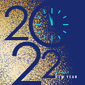 Join the countdown party for the New Year's Eve 2022 with gold dust spreading over the blue background and cut out the shape of 2022 and clock