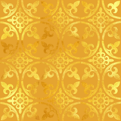 Gold Foil Hand Painted Metallic Tile. Seamless Arabic Style Pattern. Vector Tile Pattern, Lisbon Arabic Floral Mosaic, Mediterranean Seamless Gold Colored Ornament.