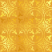 istock Gold Foil Hand Painted Metallic Tile. Seamless Arabic Style Pattern. Vector Tile Pattern, Lisbon Arabic Floral Mosaic, Mediterranean Seamless Gold Colored Ornament. 1276683244