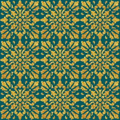 Gold Foil Hand Painted Metallic Tile. Seamless Arabic Style Pattern. Vector Tile Pattern, Lisbon Arabic Floral Mosaic, Mediterranean Seamless Gold Colored Ornament.