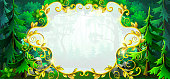 istock Gold frame and field for text on a forest background with trees, bushes and flowers. 1325289682