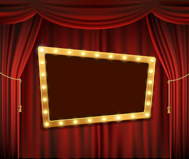 Gold frame on red curtain Gold frame with light bulbs on the red theatrical curtain. Stock vector illustration. success borders stock illustrations