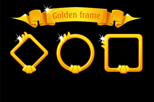 Gold frame templates, award ribbon, different forms frames for ui games. Gold frame templates, award ribbon, different forms frames for ui games. Vector illustration set vintage blank frames of geometric shapes for picture graphical interface. avatar borders stock illustrations