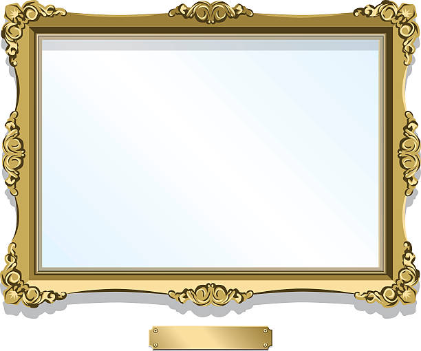 A vector illustration of a golden gilt frame. Empty, designed to fit a 6X4 image. A blank brass plaque sits underneath. File is layered and easily editable.