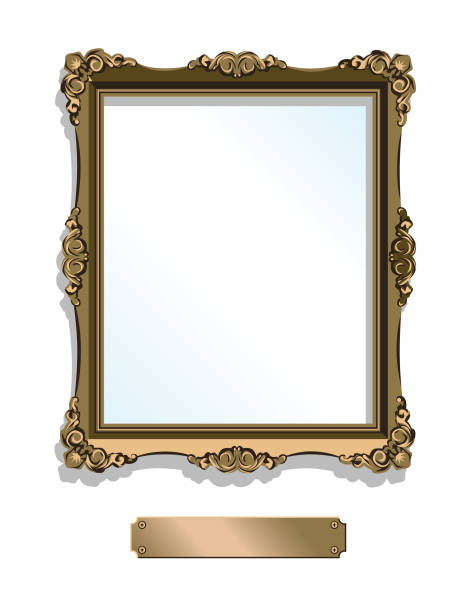 Gold gilded frame with plaque isolated on white - vertical An old fashioned, golden frame hangs on the wall ready for a stately portrait of a very important person. museum stock illustrations