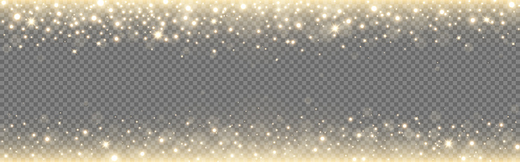 Gold glitter background. Glowing light on transparent backdrop. Christmas particles with bokeh. Luxury banner template with golden dust. Wide poster with bright elements. Vector illustration