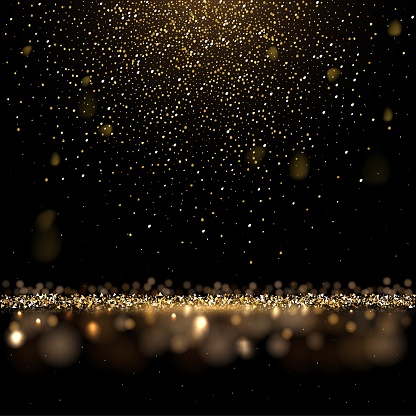 Gold glitter confetti falling, abstract golden sparkle rain, shiny magic dust on floor
