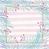 Gold Glitter Square Frame with Delicate Leaves and Berries on Pink Striped Background. Geometric Botanical Vector Design Frame. Tropical Summer Concept, Design Element.