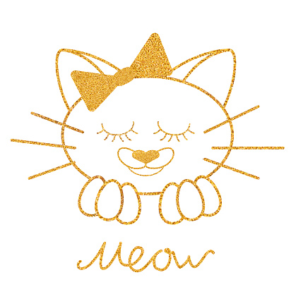 Gold glitter texture cat with bow on white