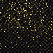 Confetti particles flying in the air, explosion golden fragments concept. Gold glitter texture isolated on black transparent background, vector illustration.