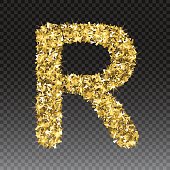 Gold glittering letter R. Vector shining golden font lettering of sparkles on checkered background.