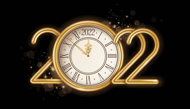 Gold Happy New Year 2022 clock vector art illustration