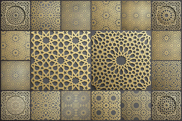 stockillustraties, clipart, cartoons en iconen met gouden islamitische kunst 3d patroon reeks. patroon islamitisch motief. ramadan kareem vector. ontwerp ornament ottomaanse moslim cirkel. 3d eid achtergrond. - arabische stijl
