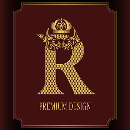 Gold Letter R With A Crown Graceful Royal Style Calligraphic Beautiful