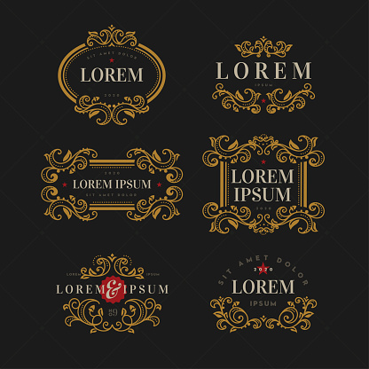 Set of luxury ornate vector emblems set. Decorative gold frames and design elements on black background. Illustration EPS 10, all objects layered and grouped with global colours easy to edit.