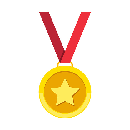 Gold medal with star. Icon of coin or prize. Badge with ribbon for olympic game. Trophy and award for winner in flat style. 1st place. Vector