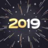 Happy new year 2019 stars glow background.