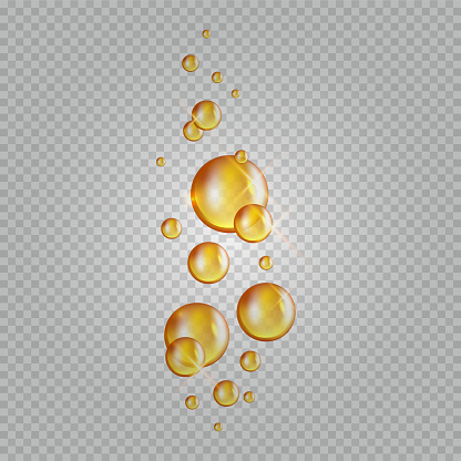Gold oil bubbles. Vector blink collagen capsules. Cosmetics oil drops isolated on transparent background
