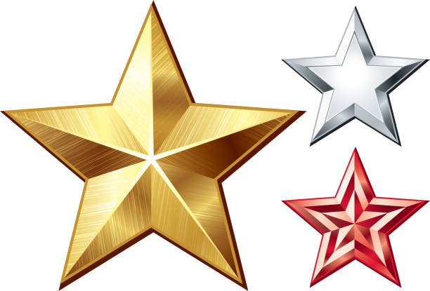 Gold, red and silver graphic reflective stars Three metal five-finger stars isolated on white. military clipart stock illustrations