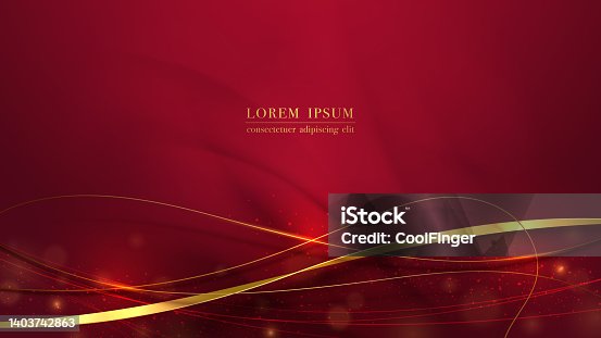 istock Gold ribbon, line, glitter light effect, and bokeh design on red luxury background 1403742863
