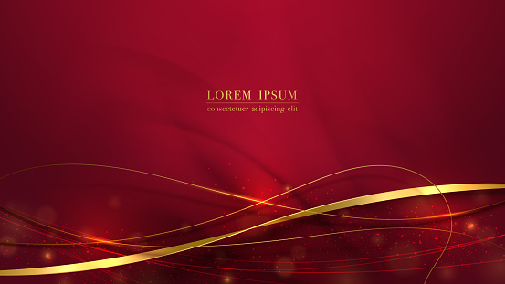 Gold ribbon, line, glitter light effect, and bokeh design on red luxury background