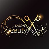 Scissors and a golden curl of hair for a beauty salon and hairdresser unique design