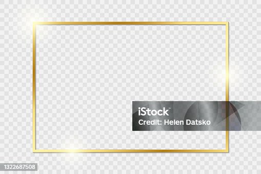 istock Gold shiny glowing vintage frame with shadows isolated on transparent background. Golden luxury realistic rectangle border. Vector illustration. JPG 1322687508