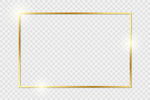 Gold shiny glowing vintage frame with shadows isolated on transparent background. Golden luxury realistic rectangle border. Vector illustration. JPG