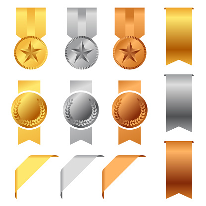 Gold, Silver And Bronze Award Medals and Award Ribbons vector set design
