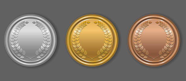 Gold, silver and bronze award medals with laurel wreath. Blank medals set. Blank of coins. Gold, silver and bronze award medals with laurel wreath. Blank medals set. Blank of coins. Vector illustration. gold silver and coins stock illustrations