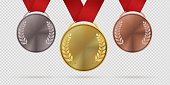 Gold silver and bronze trophy medals. First, second, third place realistic medal with laurel leaves hanging on red ribbons, collection for championship winners award ceremony vector 3d isolated set