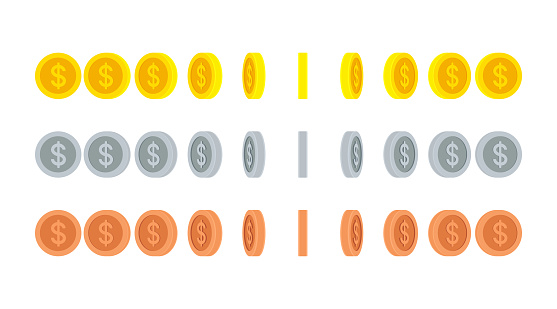 Gold, silver and copper dollar coins rotating. Vector animation sprite sheet