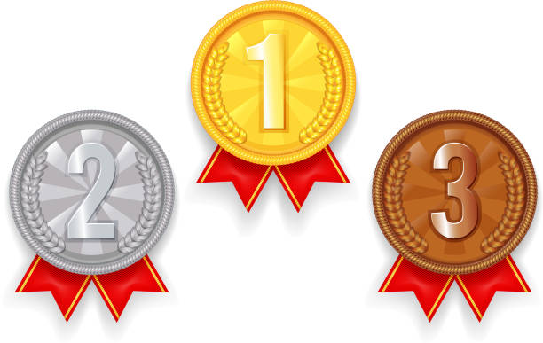 Gold silver bronze award sport 1st 2nd 3rd place medal red ribbon icons set vector illustration Gold silver bronze award sport 1st 3rd 2nd place medal red ribbon icons set vector illustration トッテナム 3rd ユニフォーム stock illustrations