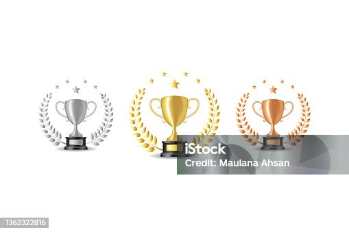 istock Gold silver bronze trophy cups. Game winner prize cups, goblet prize icons vector illustration with laurel wreaths 1362322816