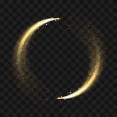 Gold sparkling glitter circle. Vector circle of golden glittering particles with star light trail and shine glow on transparent background