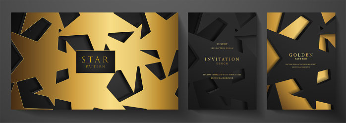 Gold star invitation, cover design set. Luxury starry pattern on black background